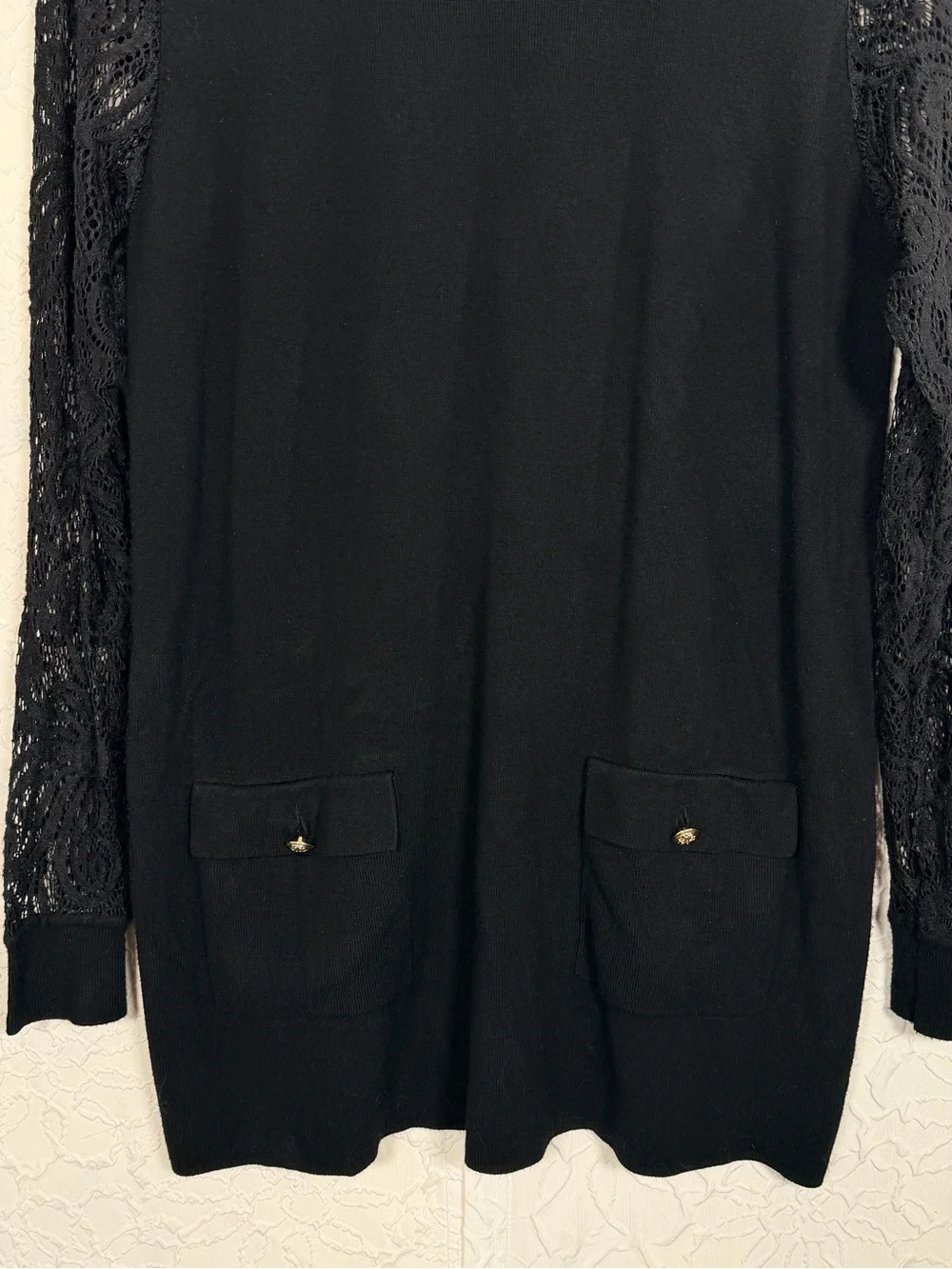 INC International Concepts Black Tunic Lace Sleeve Gold Button Sweater Sz XL